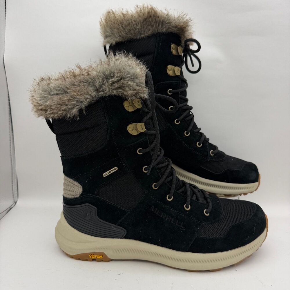 Merrell J035454 Women's Black Faux Fur Waterproof Winter Snow Boots Vibram US 10